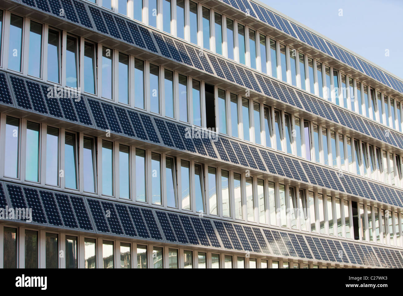 Solar panels on a building on the campus of Northumbira University, Newcastle upon Tyne, UK. Stock Photo