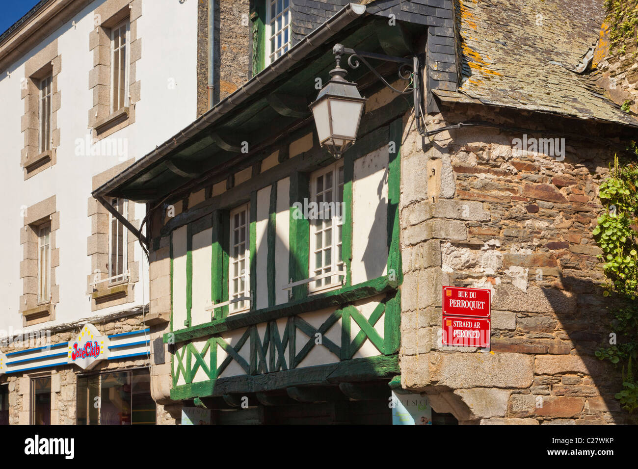 Old medieval house with street signs Pontivy, Morbihan, Brittany, France, Europe Stock Photo