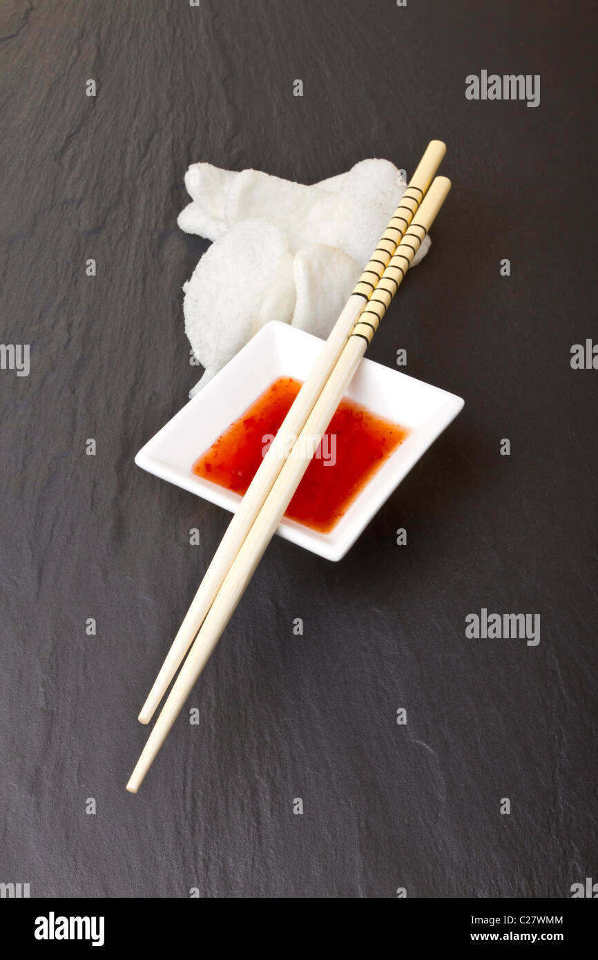 Prawn crackers also known as chinese crackers with sweet chilli dipping