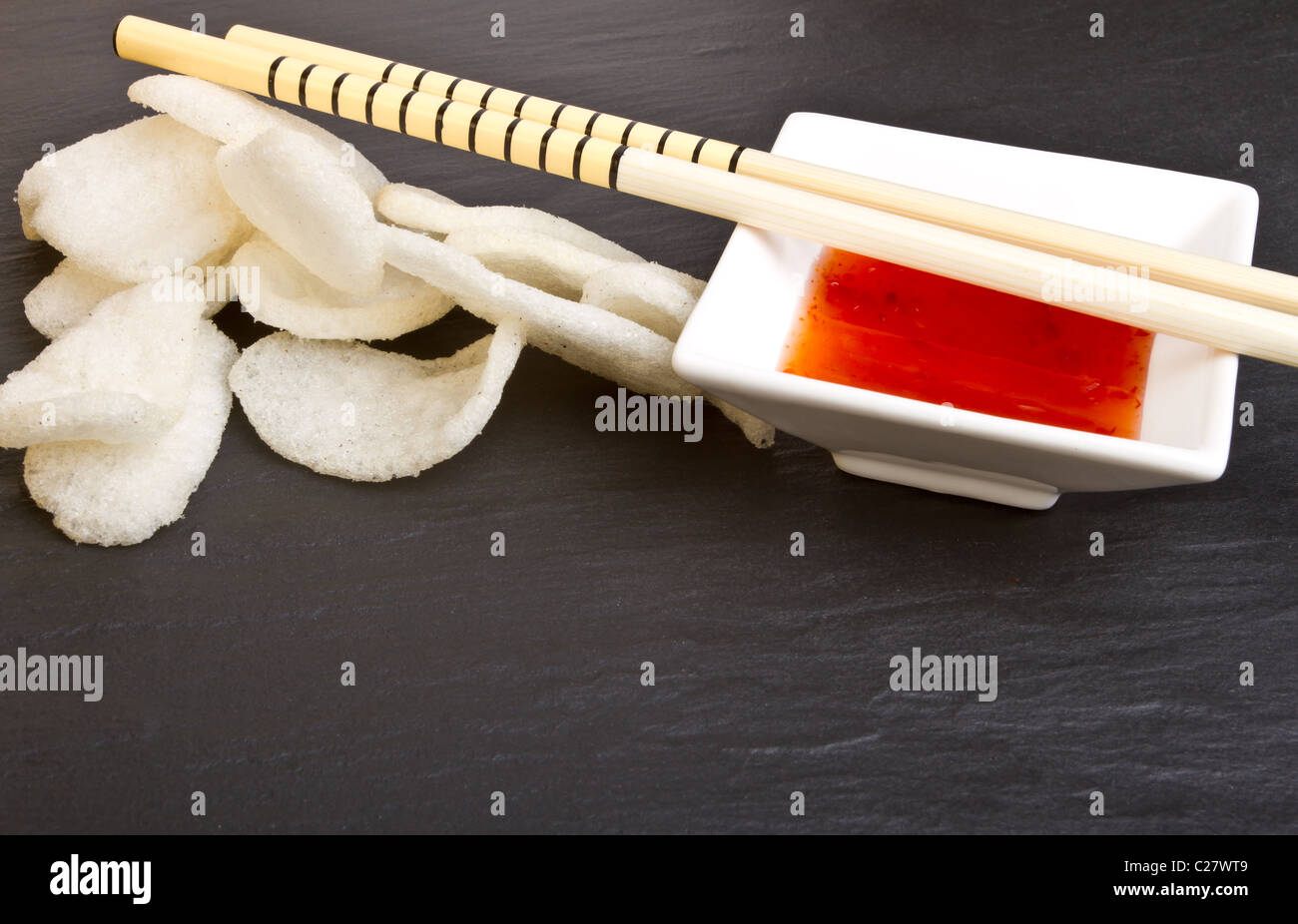 Prawn crackers also known as chinese crackers with sweet chilli dipping