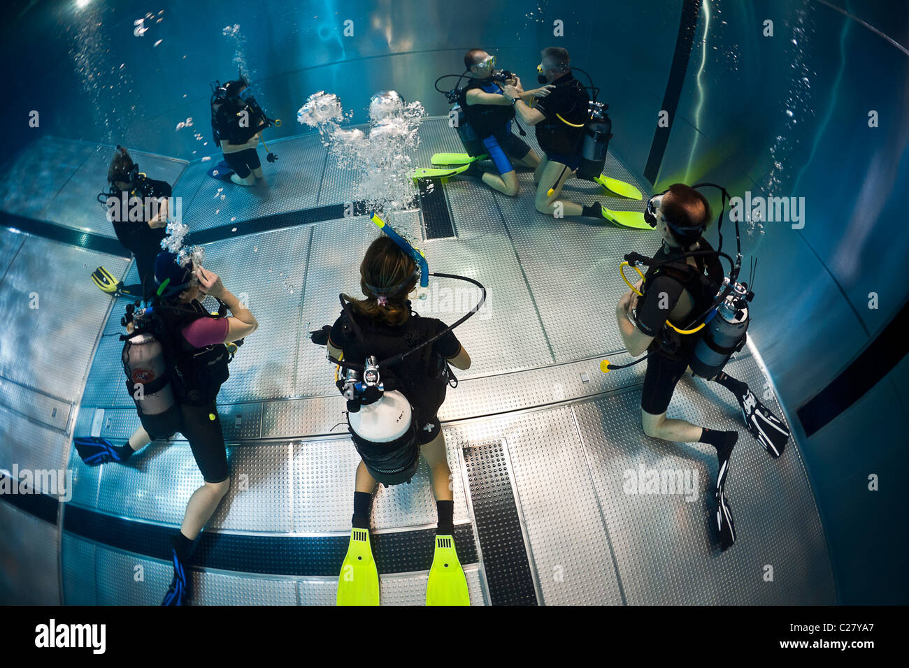 A scuba diving training session in a swimming pool (France). Scuba instruction in pool. Stock Photo