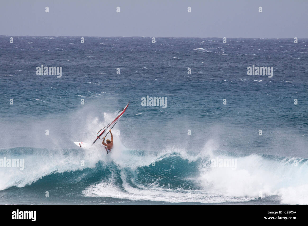 Windsurfing on Mauis famous Hookipa Beach, located on the windy North