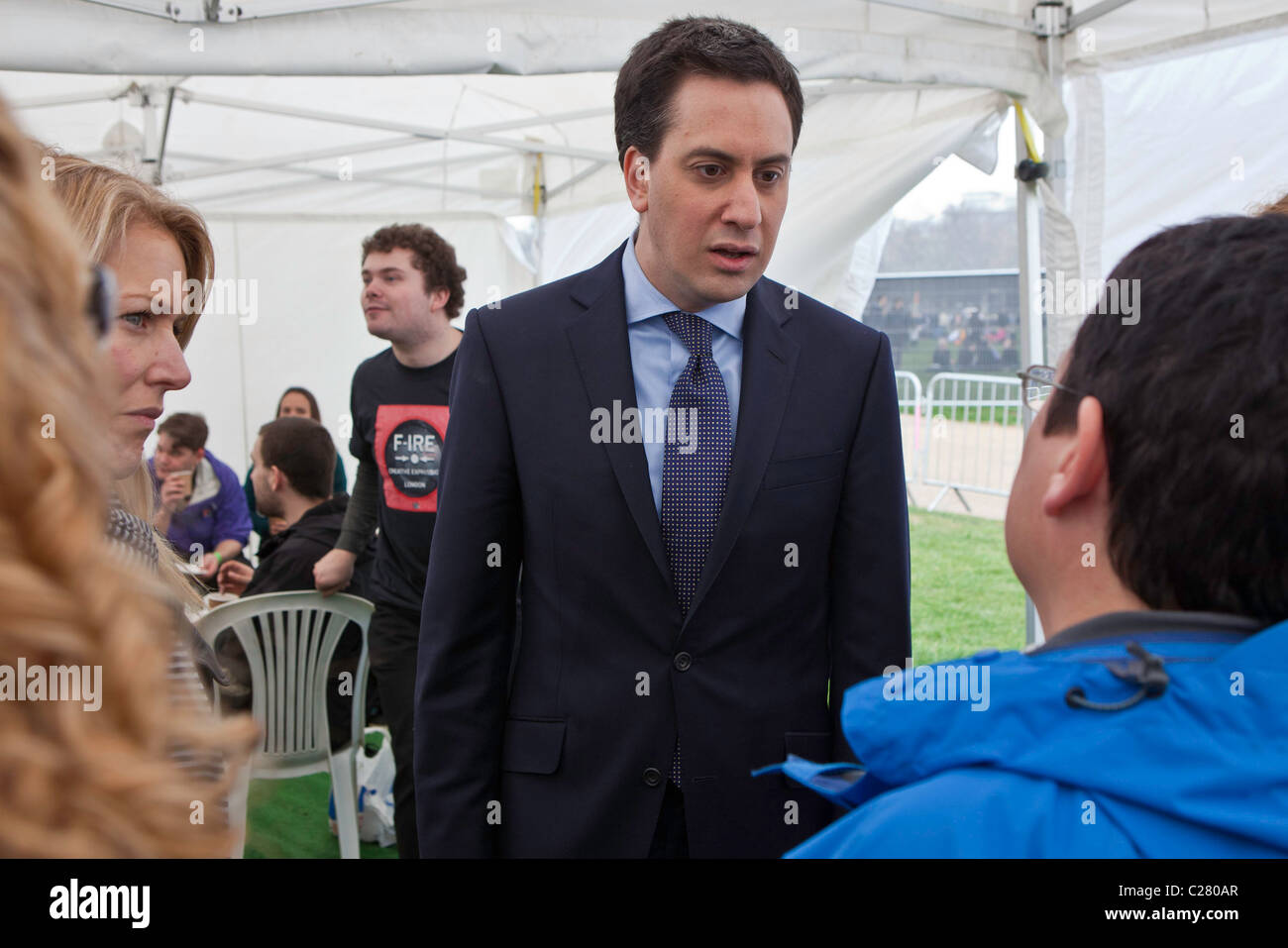 Ed Milliband MP, leader of the Labour opposition backstage after speaking at the TUC March for the Alternative in London. Stock Photo