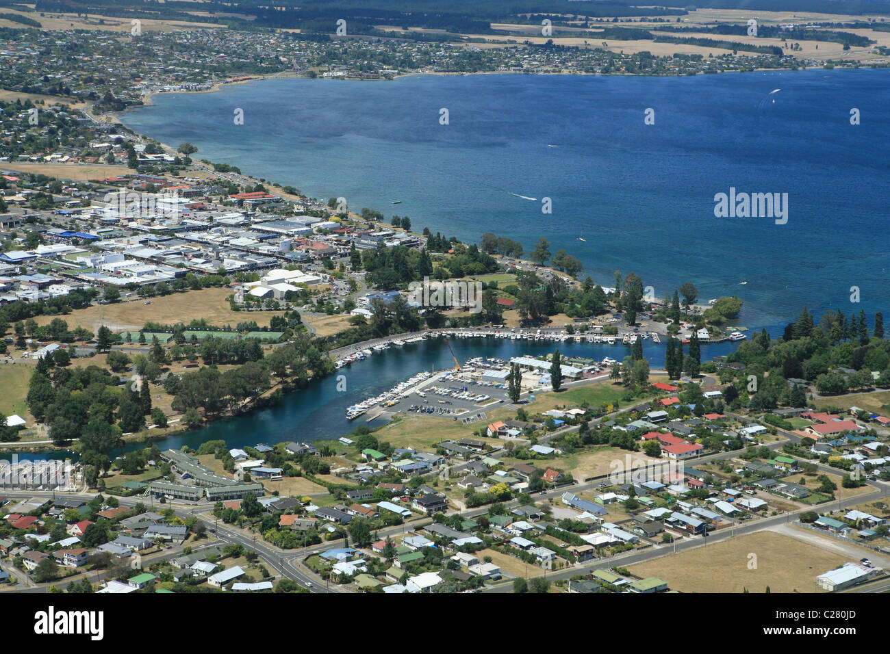 Flying over Taupo - aerial view of the town Stock Photo
