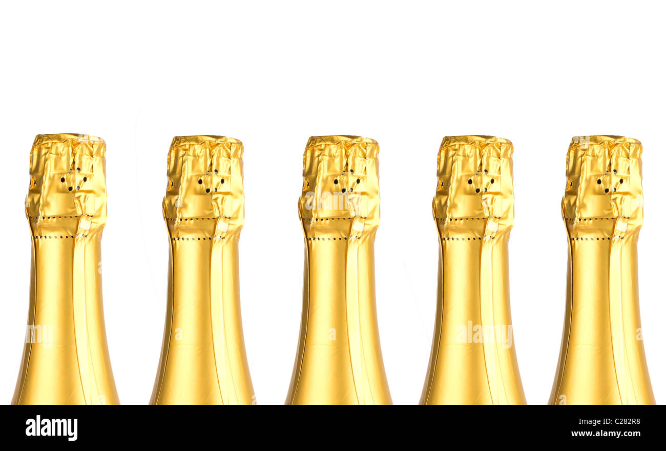 Five champagne bottles isolated on white Stock Photo