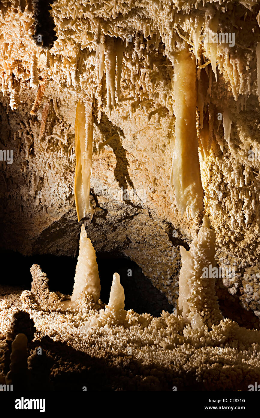 Calcite stalagmites and stalactites covered in crystals Caverns of Sonora Texas USA Stock Photo