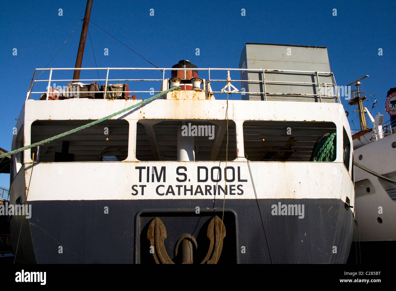 Tim S Dool, St Catherines stern of  cargo ship docked in Montreal Stock Photo