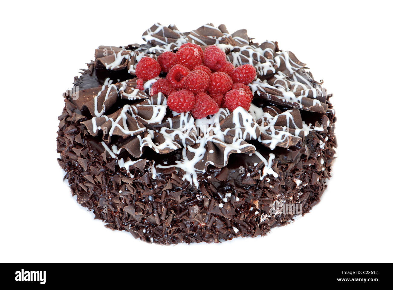 Chocolate cake with fresh raspberries isolated on white Stock Photo - Alamy