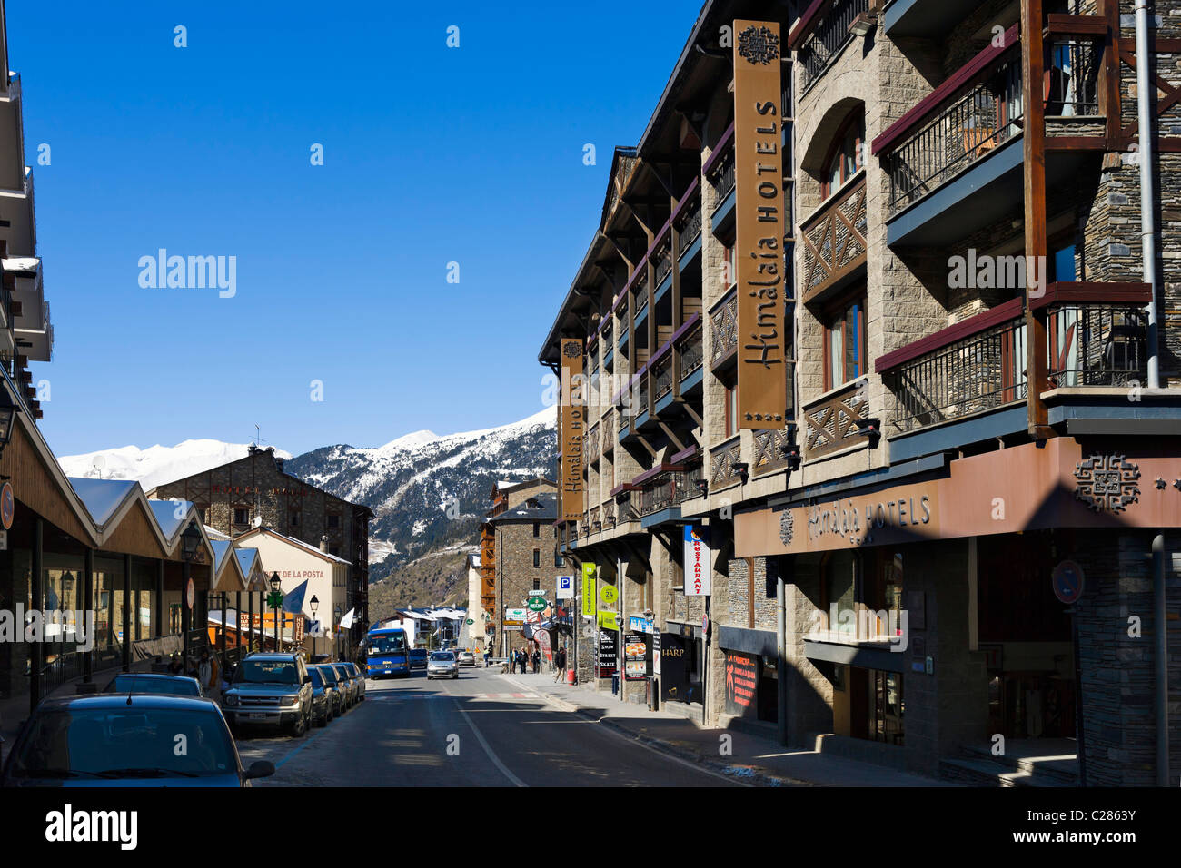 Main street through the resort centre, Soldeu, Grandvalira Ski Area, Andorra Stock Photo