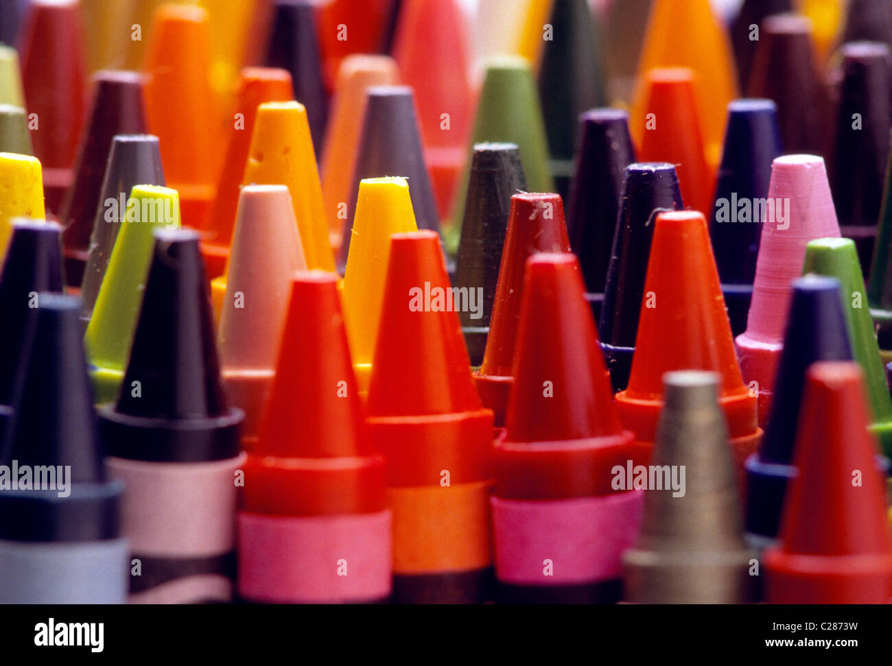 Abstract closeup macro of multicolored Crayola Crayons Stock Photo