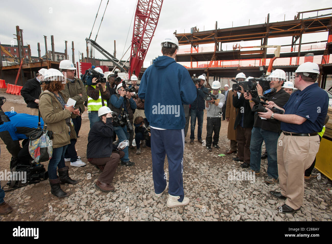 Nets basketball player Kris Humphries at the construction of the Barclays Center in Brooklyn in New York Stock Photo