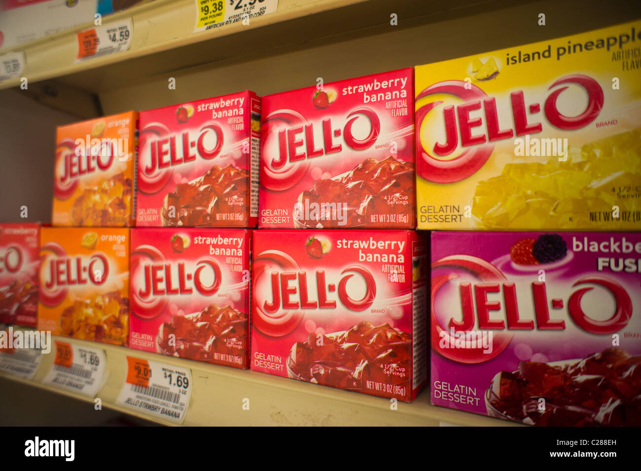 Boxes of JellO gelatin dessert on supermarket shelves in New York