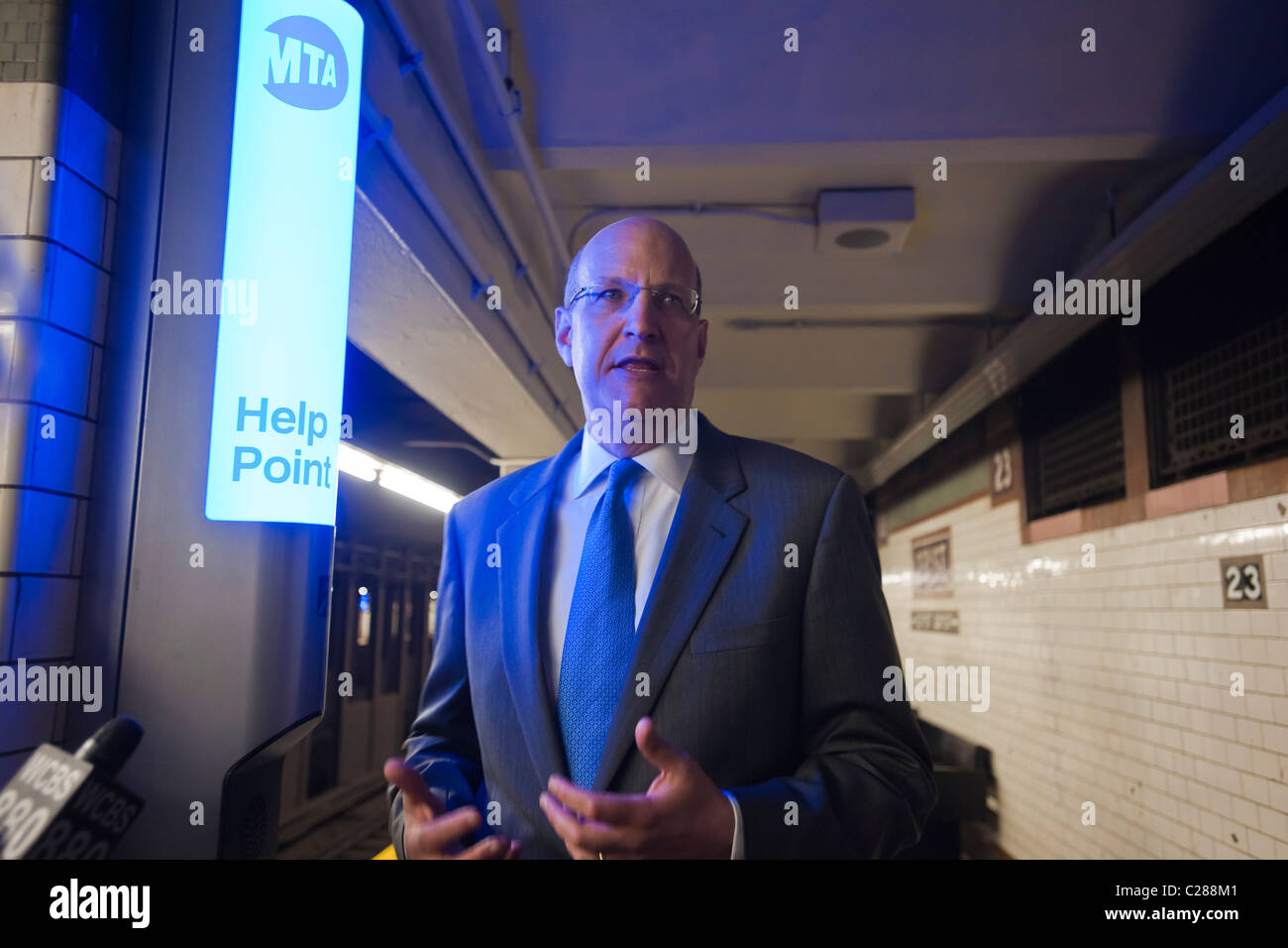 MTA Chairman Jay Walder at the NYC Transit Authority test of the new Help Point terminals in the 23rd Street station in New York Stock Photo