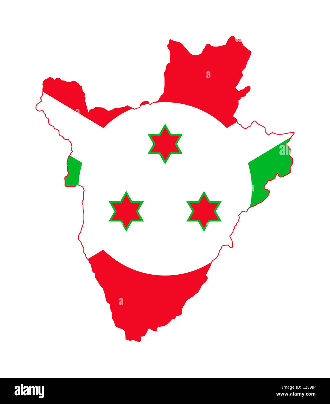 Illustration of Burundi flag on map of country; isolated on white background. Stock Photo