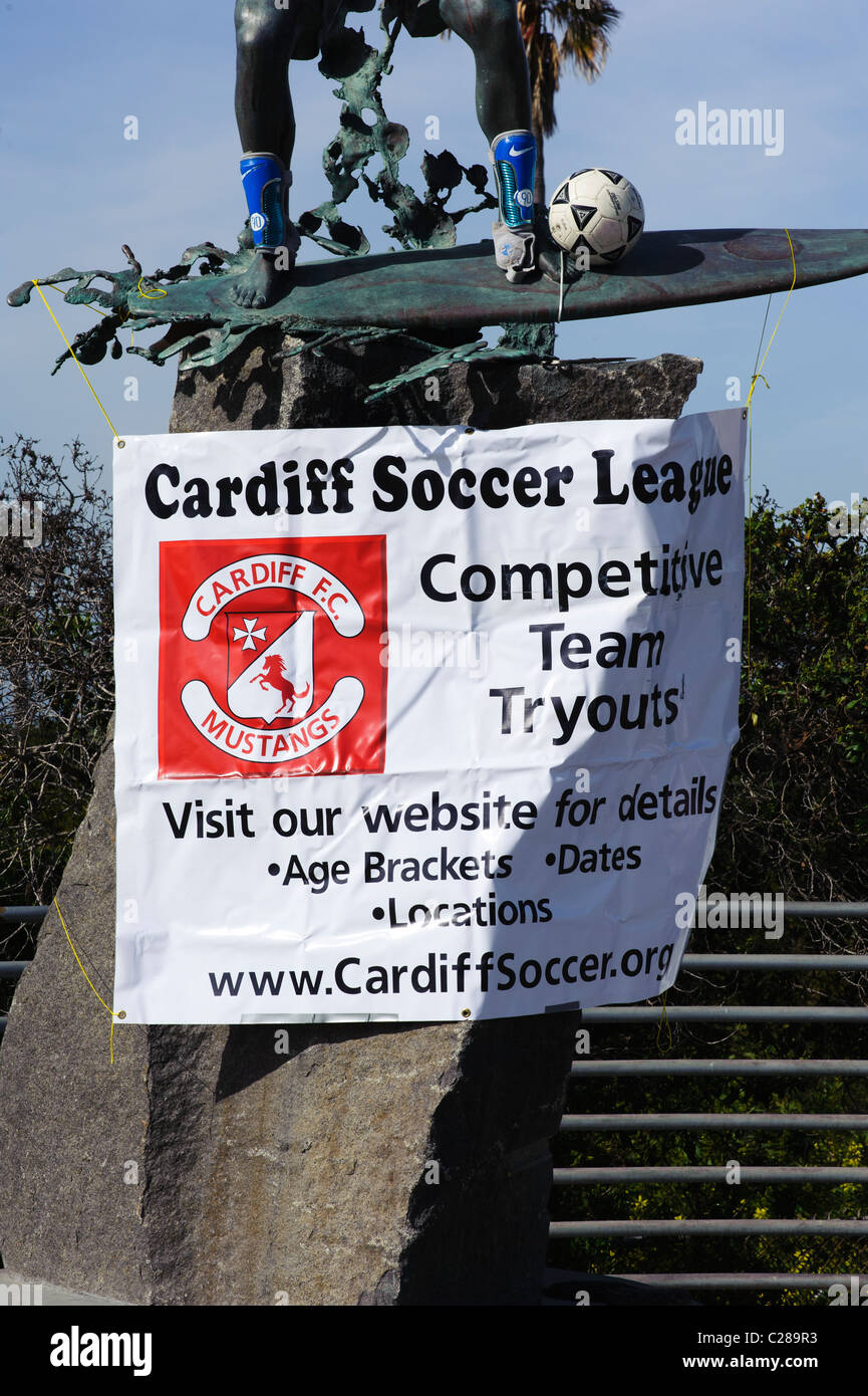 Cardiff Soccer League sign on the Cardiff Kook statue Stock Photo