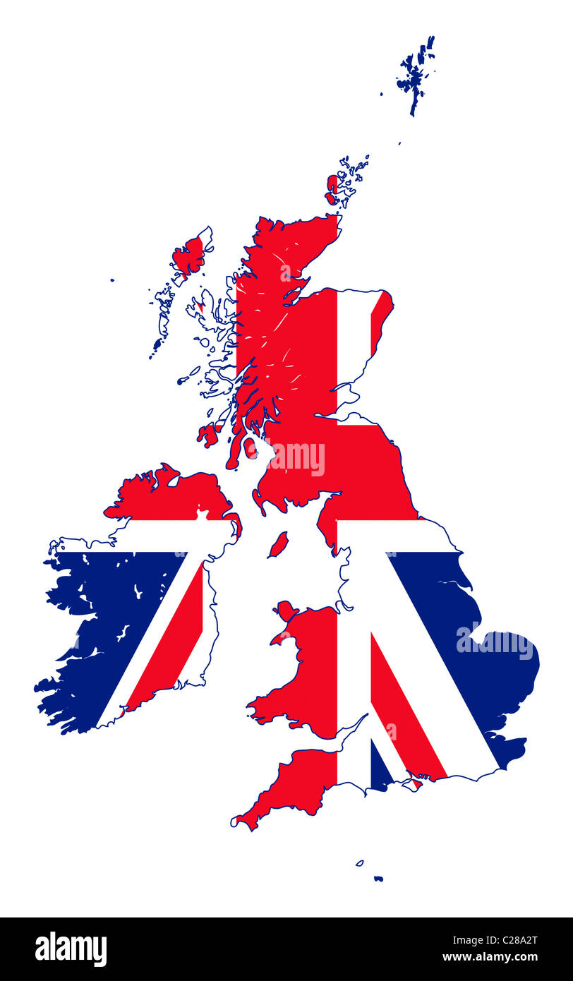 Illustration of United Kingdom flag on map of country; isolated on white background. Stock Photo