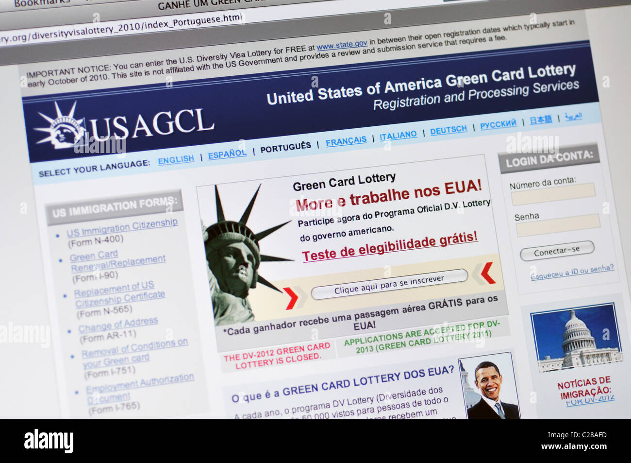 USAGCL website - United States of America Green Card Lottery - in Portuguese Stock Photo