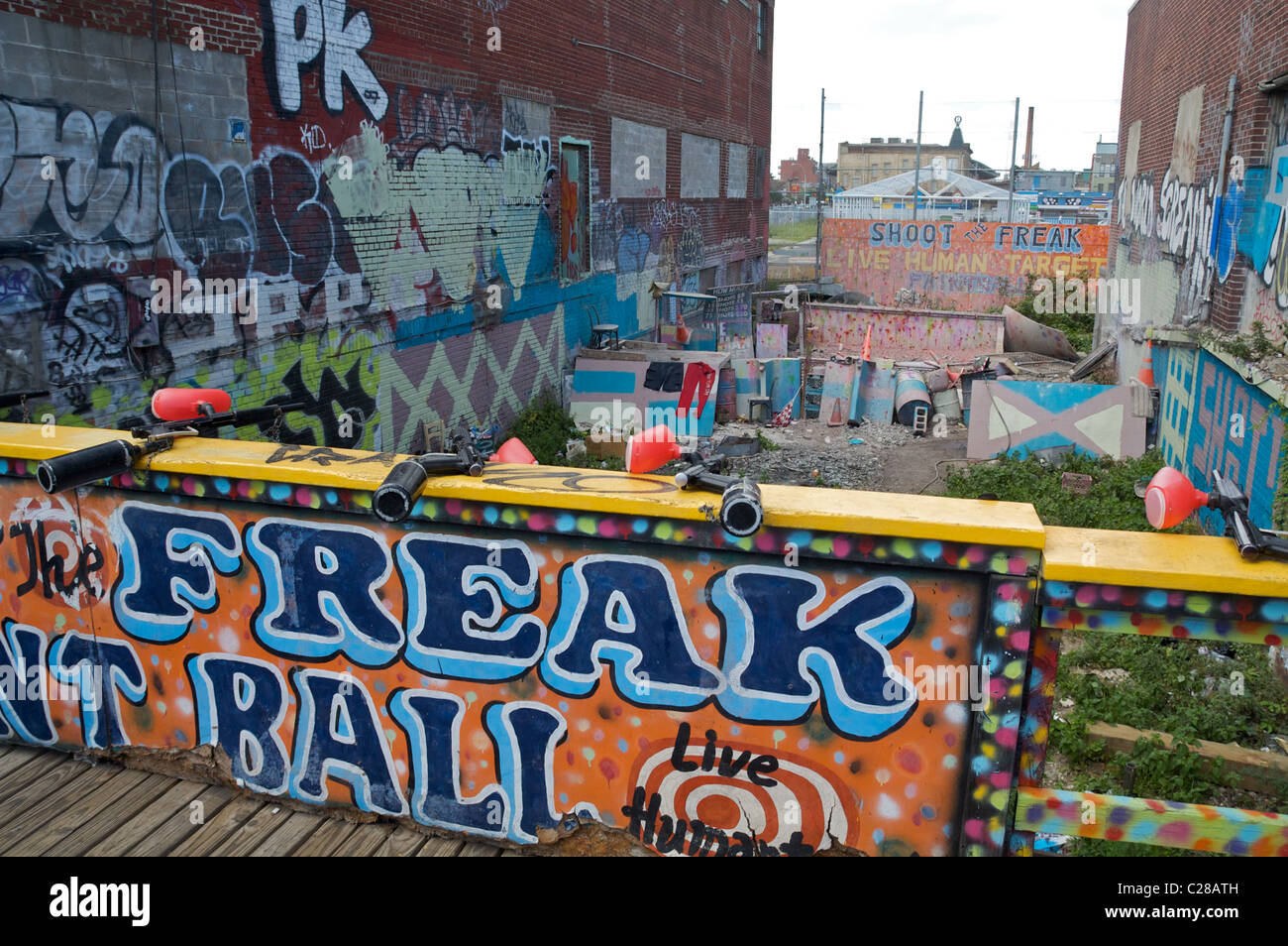'Shoot the Freak' paintball, which was shut down in late 2010. Other Coney Island Boardwalk businesses are fighting to remain Stock Photo