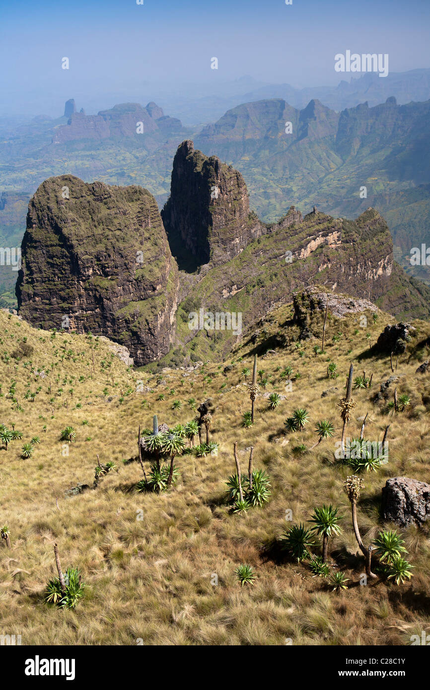 View over a mountain landscape from near the summit of Imit Gogo in the Simien Mountains Stock Photo