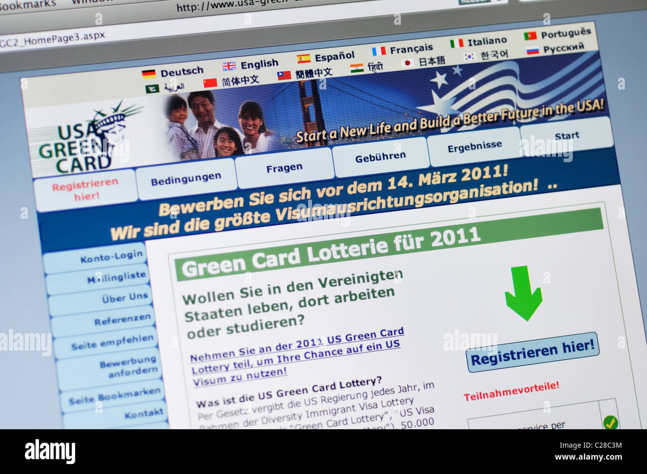 USA Green Card Lottery website - in German Stock Photo