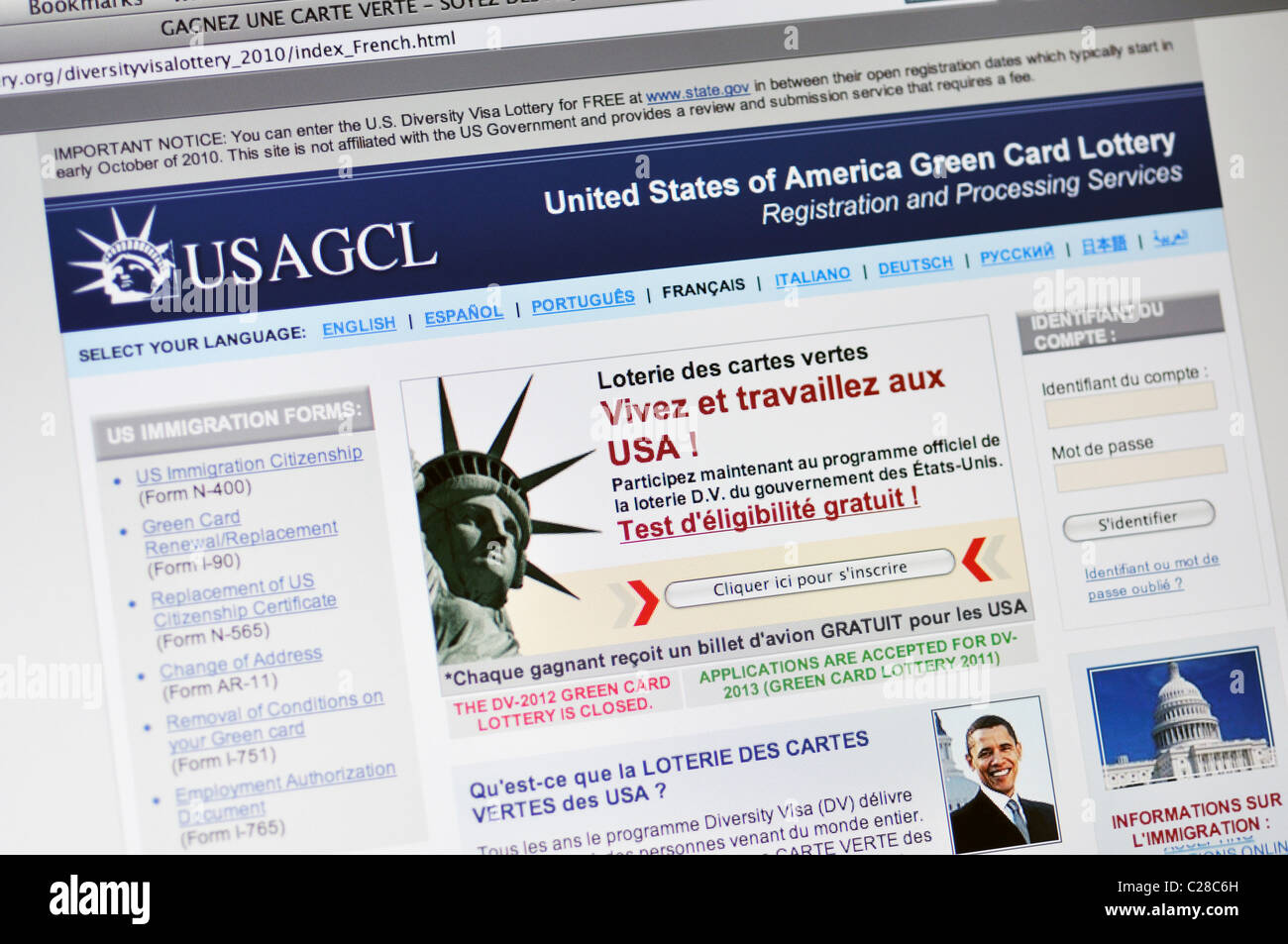 USAGCL website - United States of America Green Card Lottery - in French Stock Photo