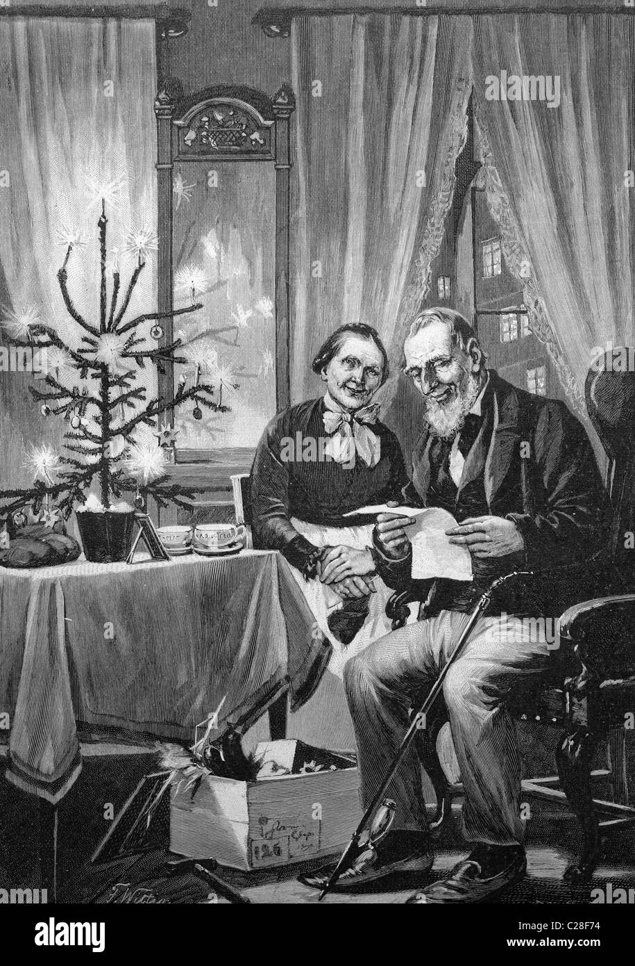 Grandparents reading the Christmas list of their grandchildren, historical illustration circa 1893 Stock Photo