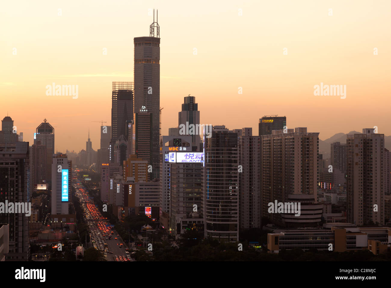 Skyline of Shenzhen in dusk. Stock Photo