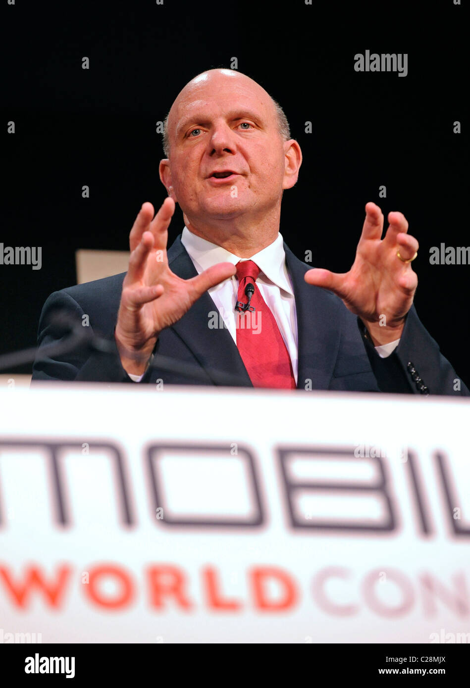 Steve Ballmer, Microsoft CEO speaking at Mobile World Congress in Barcelona 2011 Stock Photo
