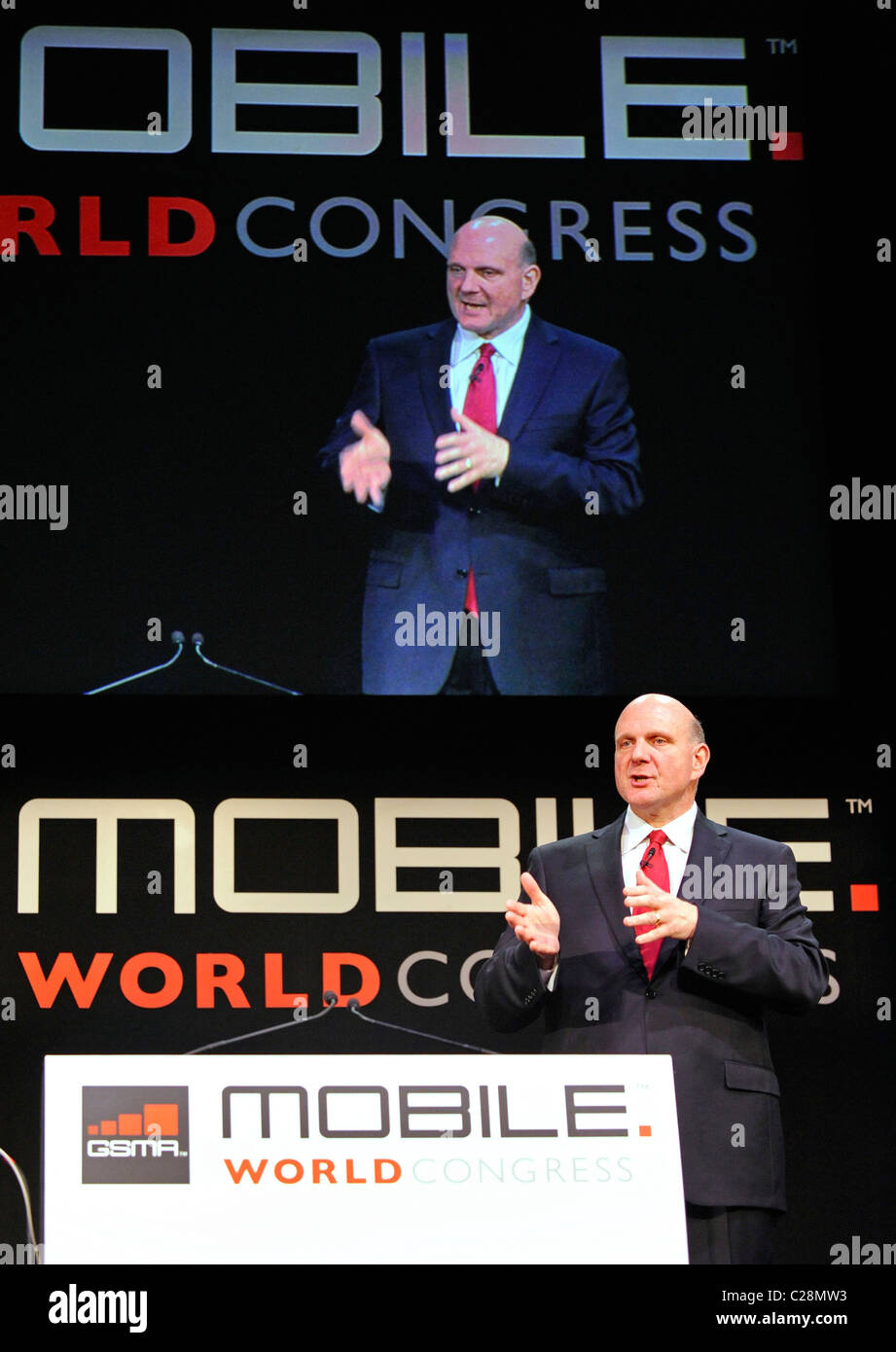 Steve Ballmer, Microsoft CEO speaking at Mobile World Congress in Barcelona 2011 Stock Photo