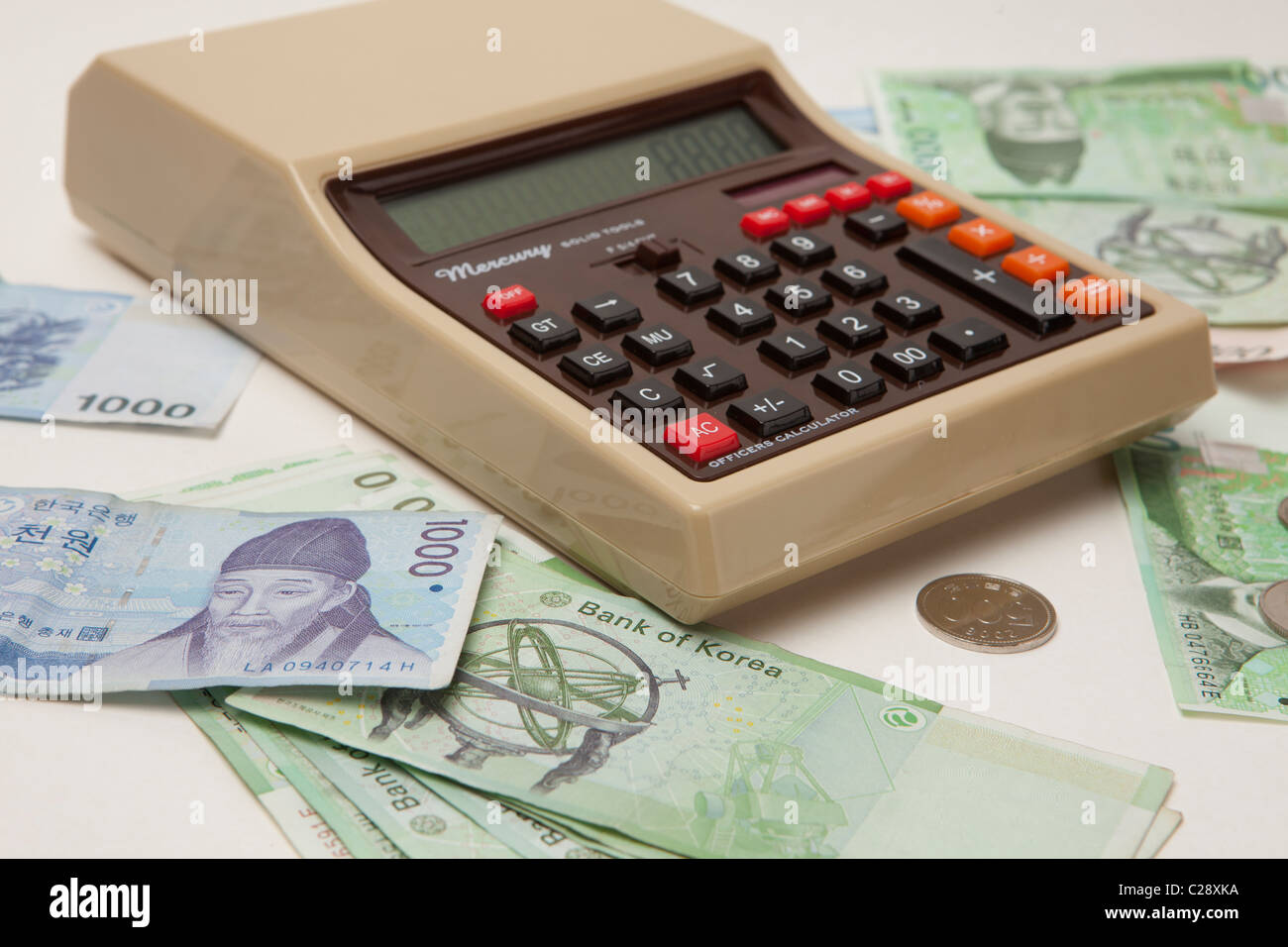 South Korea currency Won with electronic calculator , South Korea Stock Photo