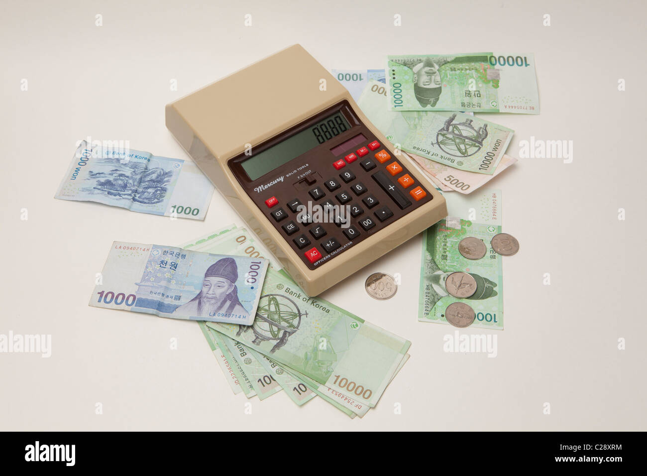 South Korea currency Won with electronic calculator , South Korea Stock Photo
