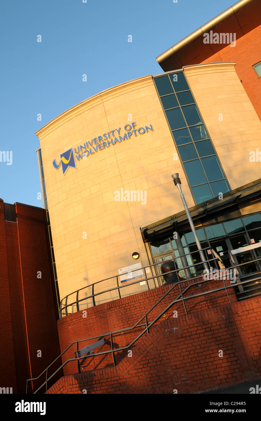 Wolverhampton University's Harrison Learning Centre in evening sunlight with a clear blue sky Stock Photo