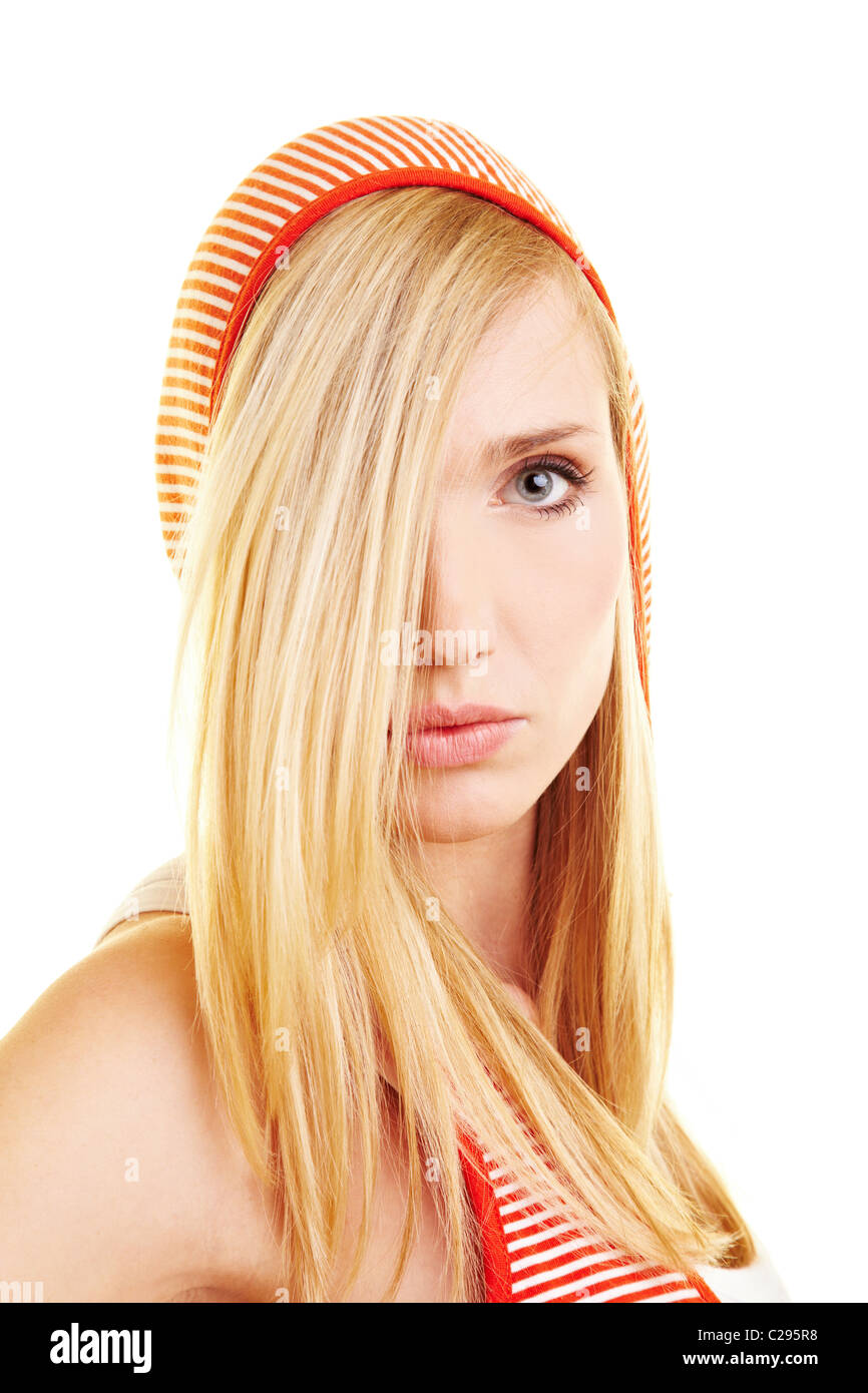 Blonde woman with hood Stock Photo