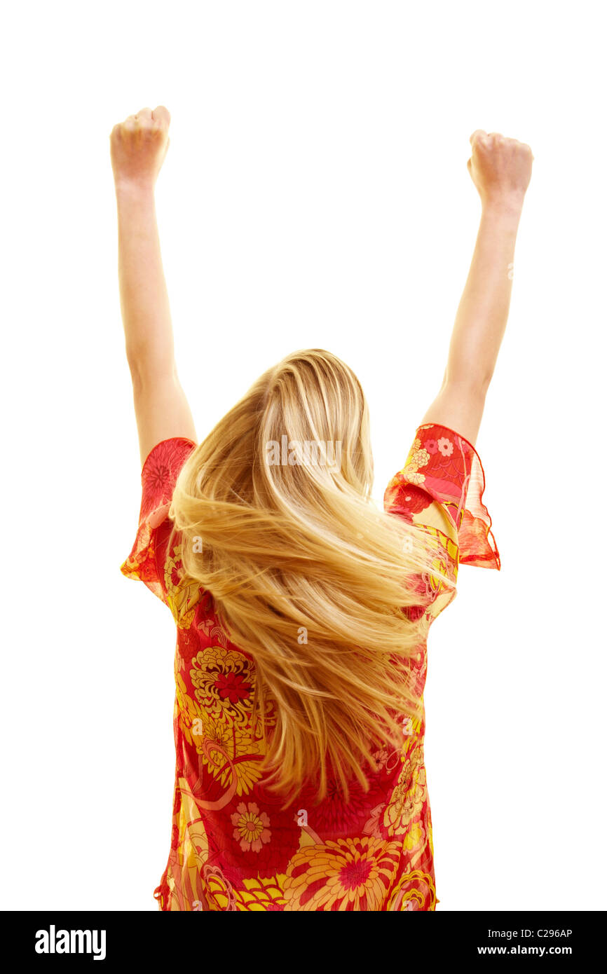 Cheering Woman From Behind Stock Photo Alamy