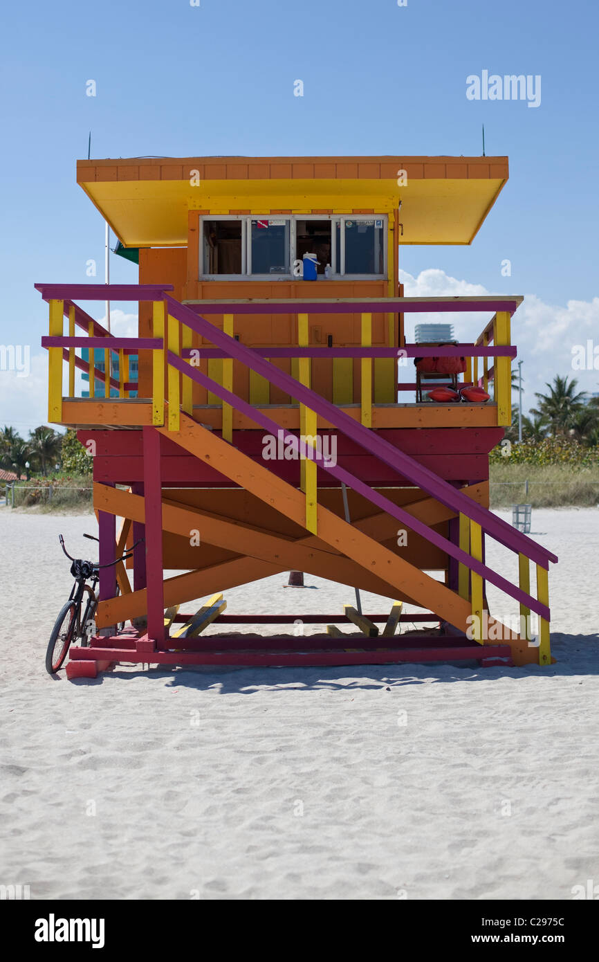 Lifeguard hut on the beach, South Beach, Miami, Florida, USA Stock Photo