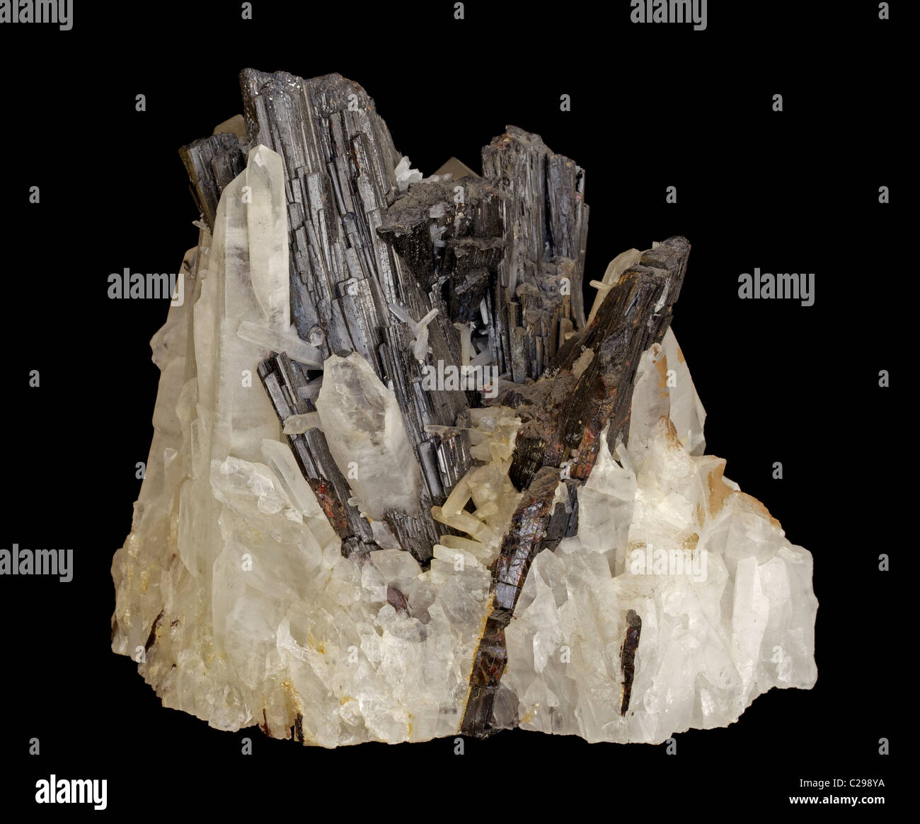 Hubnerite and Quartz - Pasto Bueno - Peru - Manganese iron tungstate (MnWO4)- formerly called wolframite - a major tungsten ore Stock Photo