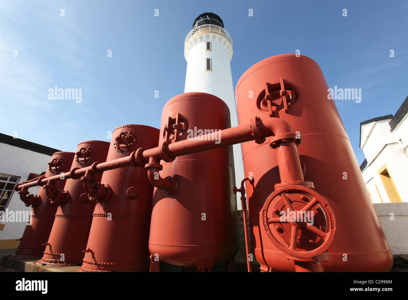 Mull of Galloway, Scotland. Red coloured fuel tanks with the Mull of