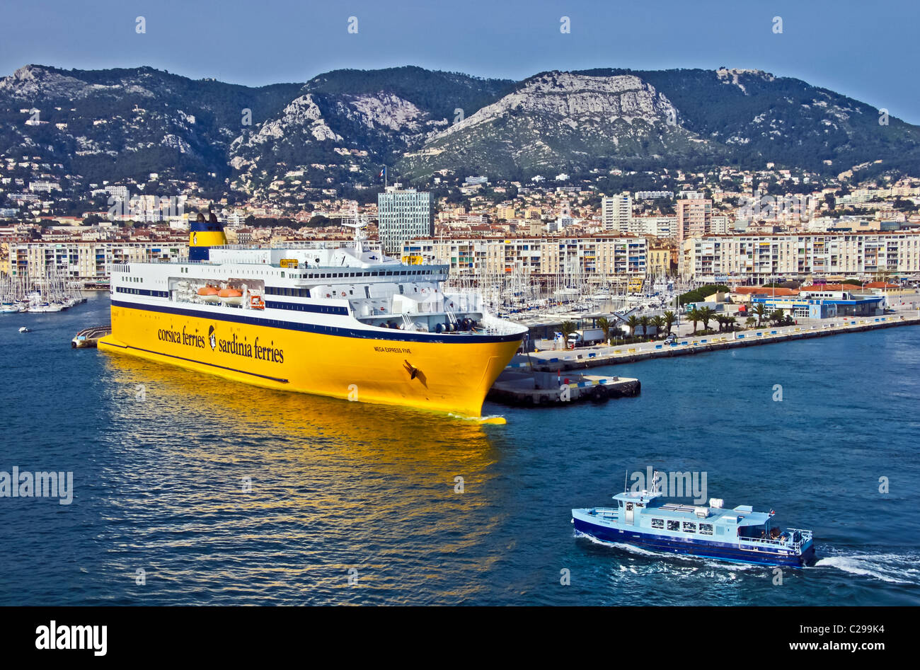 Corsica and Sardinia Ferries' car and passenger ferry Mega Express Five in Toulon harbour France Stock Photo