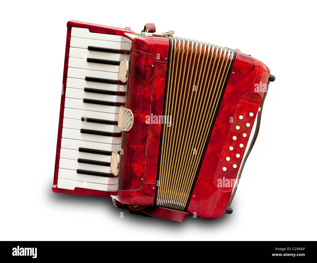 Retro small red accordion isolated on white Stock Photo