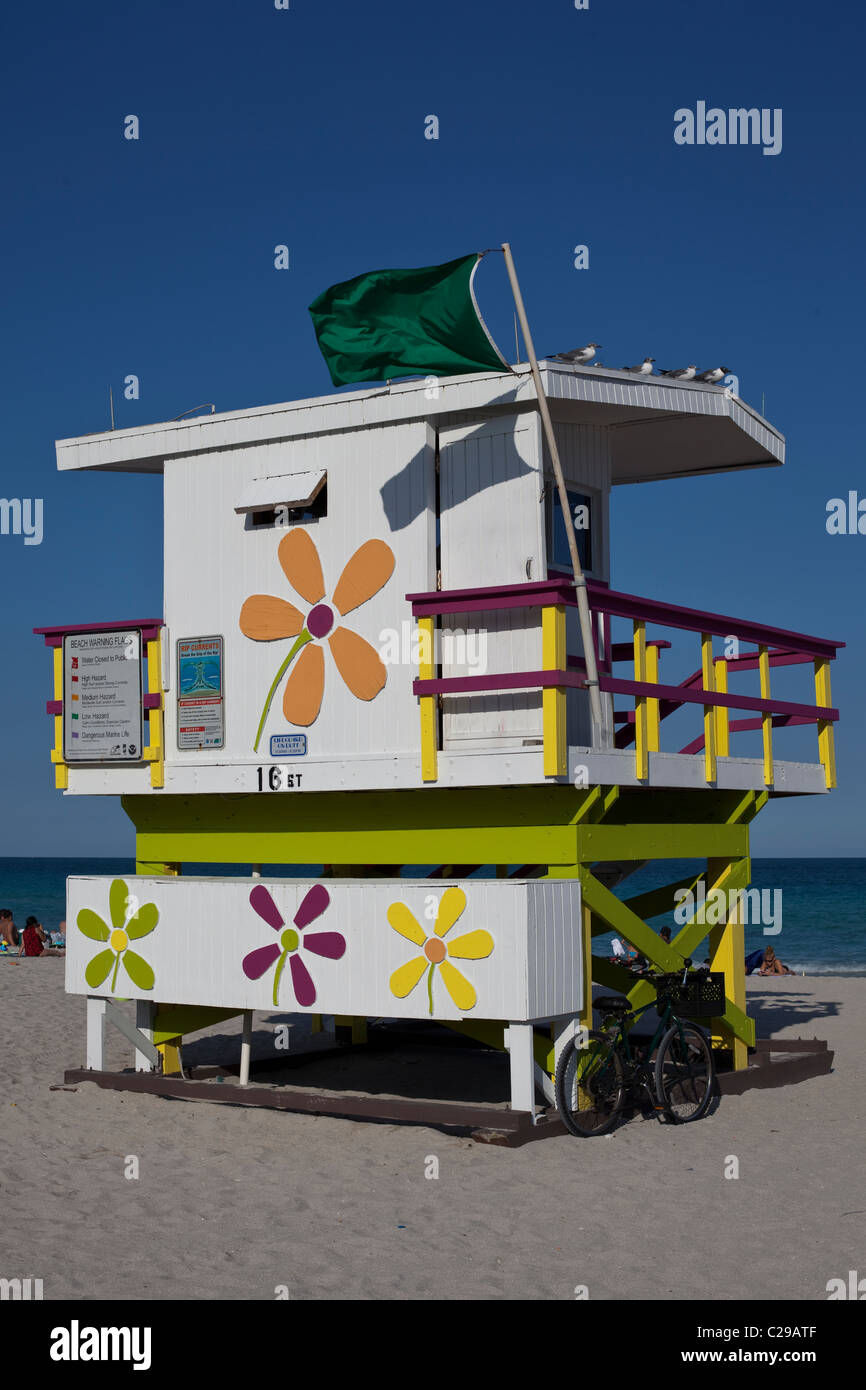 Lifeguard hut on the beach, South Beach, Miami, Florida, USA Stock Photo