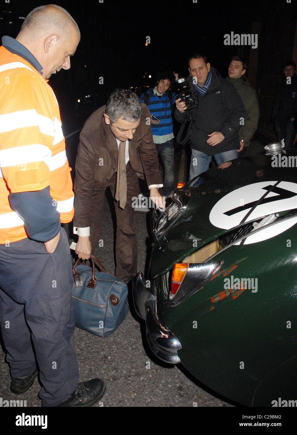 Rowan Atkinson is forced to call for roadside assistance after the