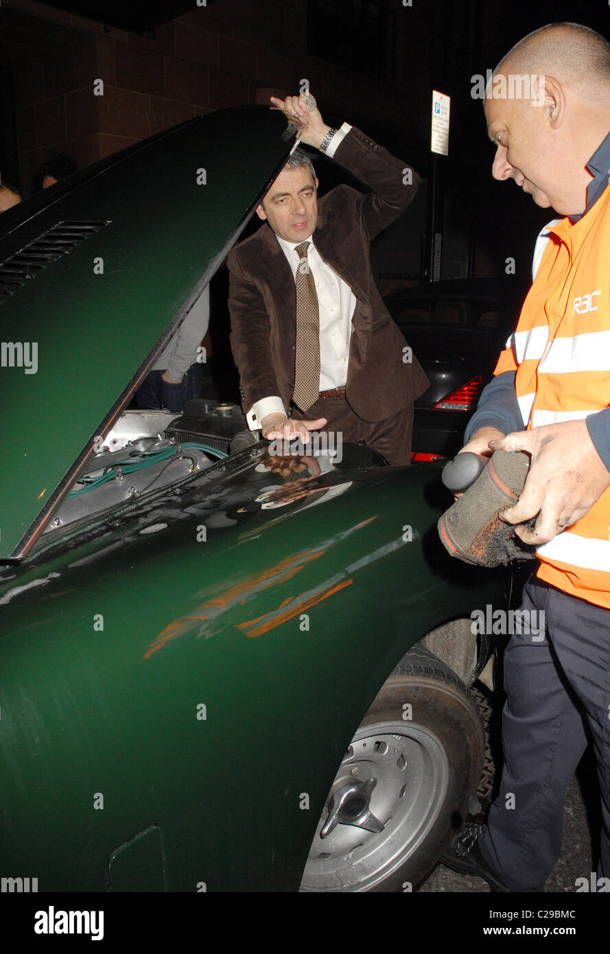 Rowan Atkinson is forced to call for roadside assistance after the