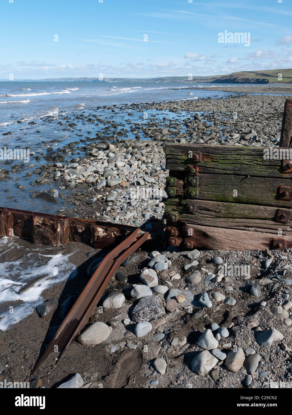 Beach and Breakwater aberaeron Wales Stock Photo