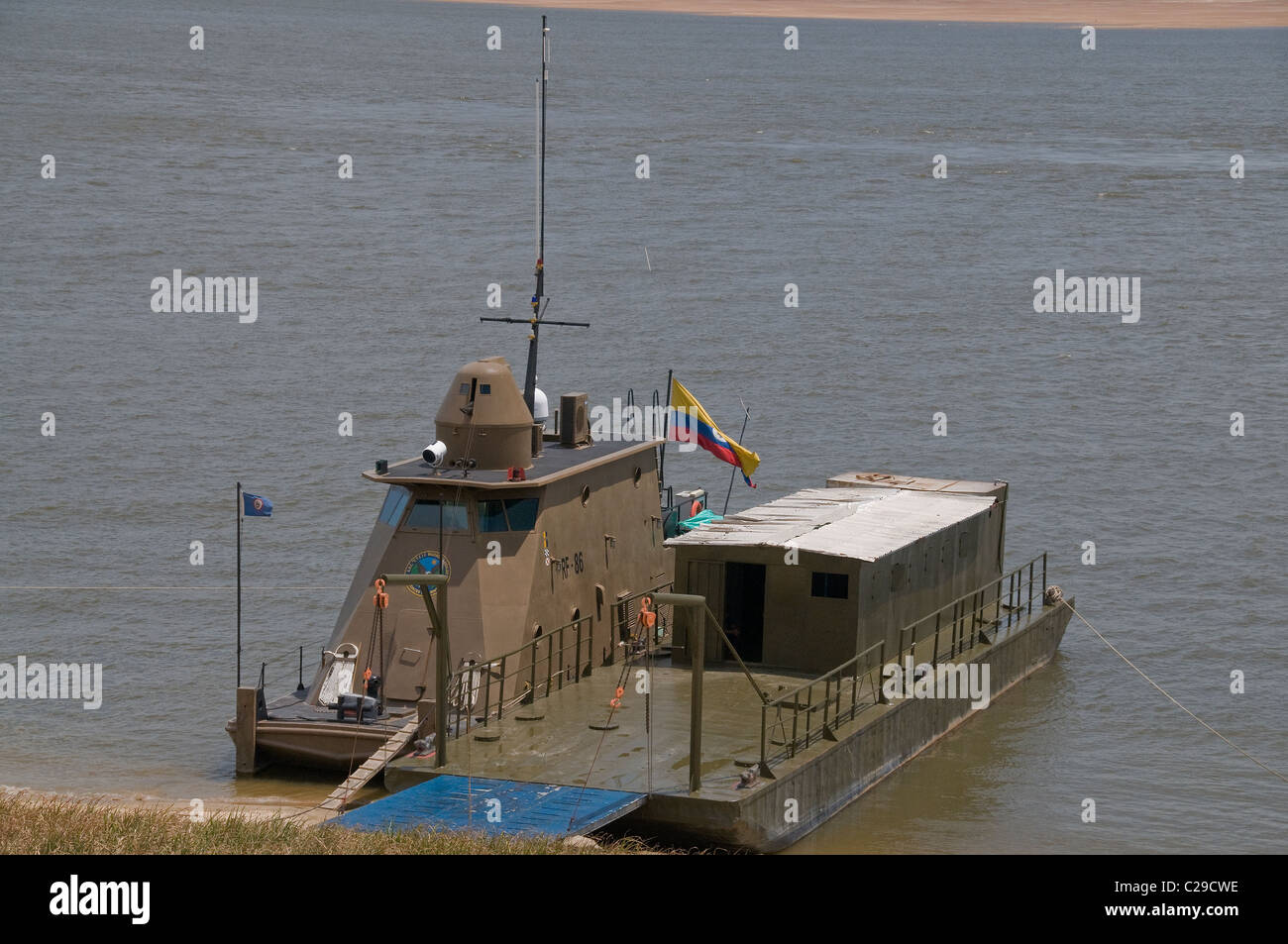 A Colombia navy ship is moored at Puerto Carreno on the Orinoco River that forms a border between the country and Venezuela. Stock Photo