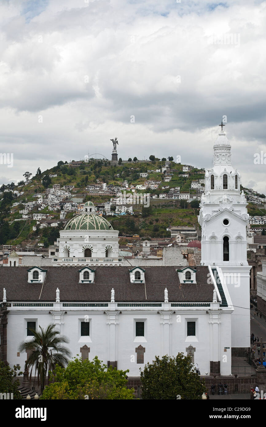 Cathedral of Quito looking towards Panecillo Hill, Quito, Ecuador Stock Photo