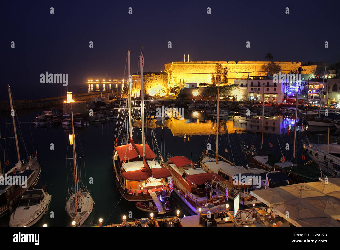 View on the harbour in the Old Town, Kyrenia, Turkish Republic of Northern Cyprus Stock Photo