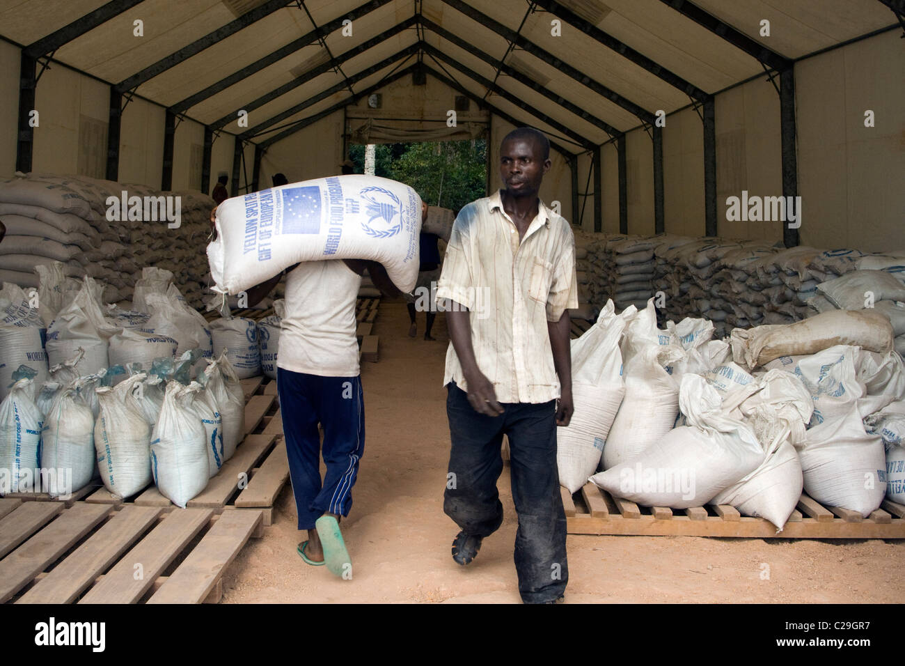 Distribution of food for refugee camps, Betou ,Ubangi River,Republic of Congo Stock Photo