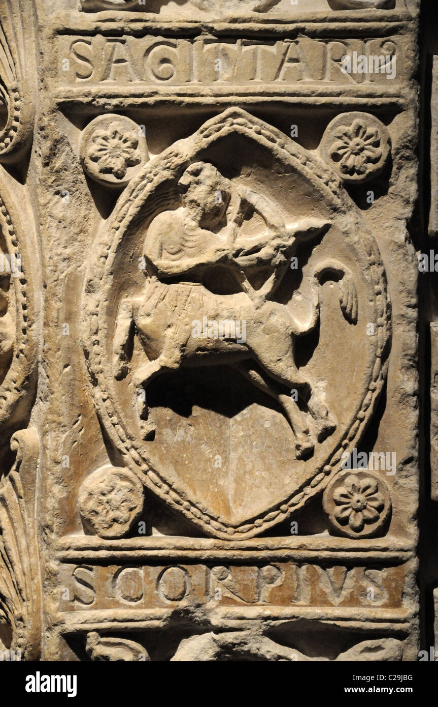 SCORPIO SAGITTARIUS panel from Column of the Zodiac Roman Pillar dates from 12th Century at Cluny Abbey Burgundy France Stock Photo