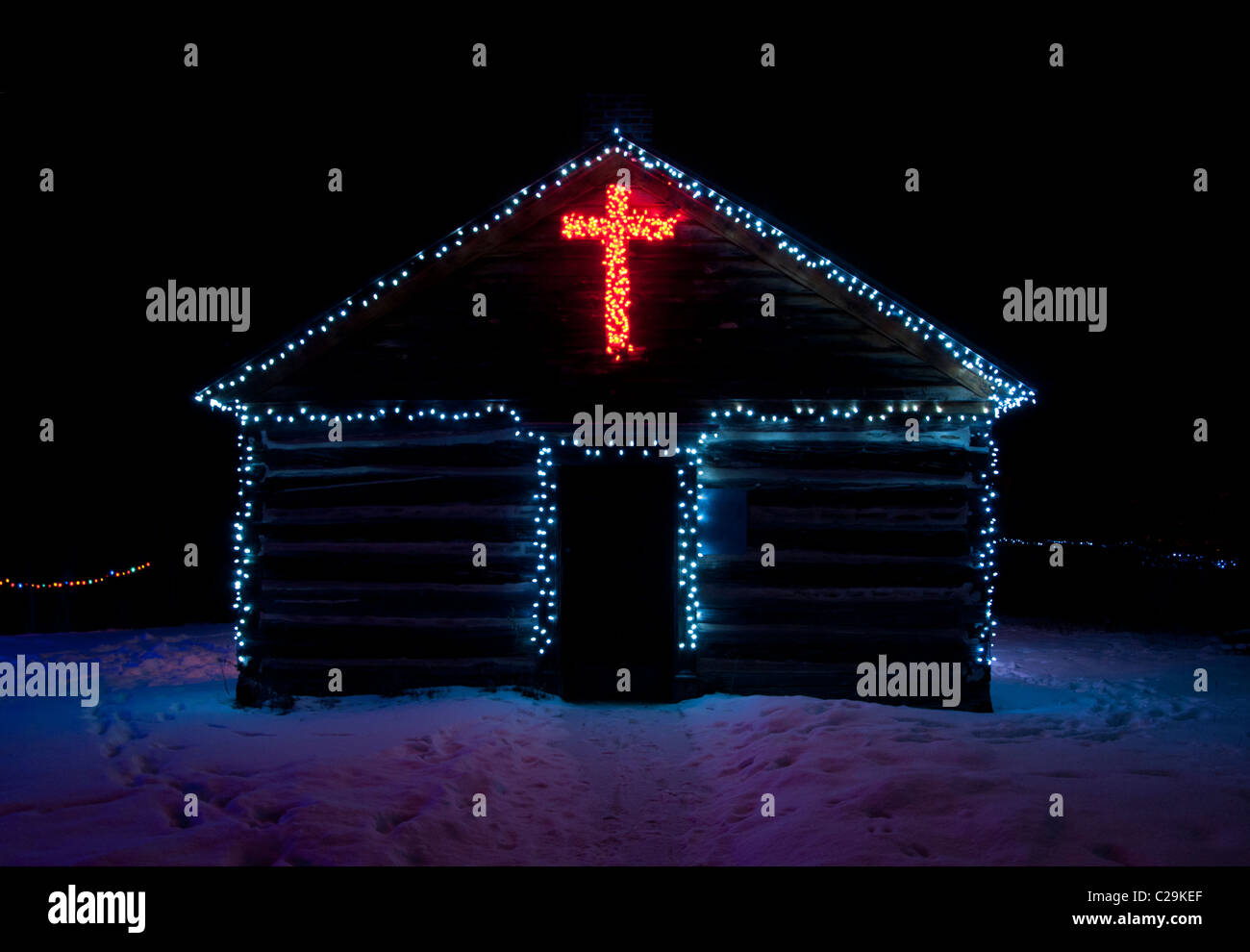 Christ Church at Upper Canada Village lit up for the Christmas holidays