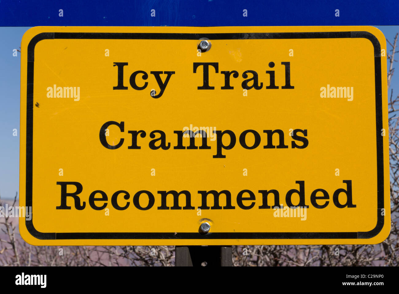 Warning sign for icy trail conditions on the South Kaibab Trail, Grand Canyon National Park, Arizona, USA. Stock Photo
